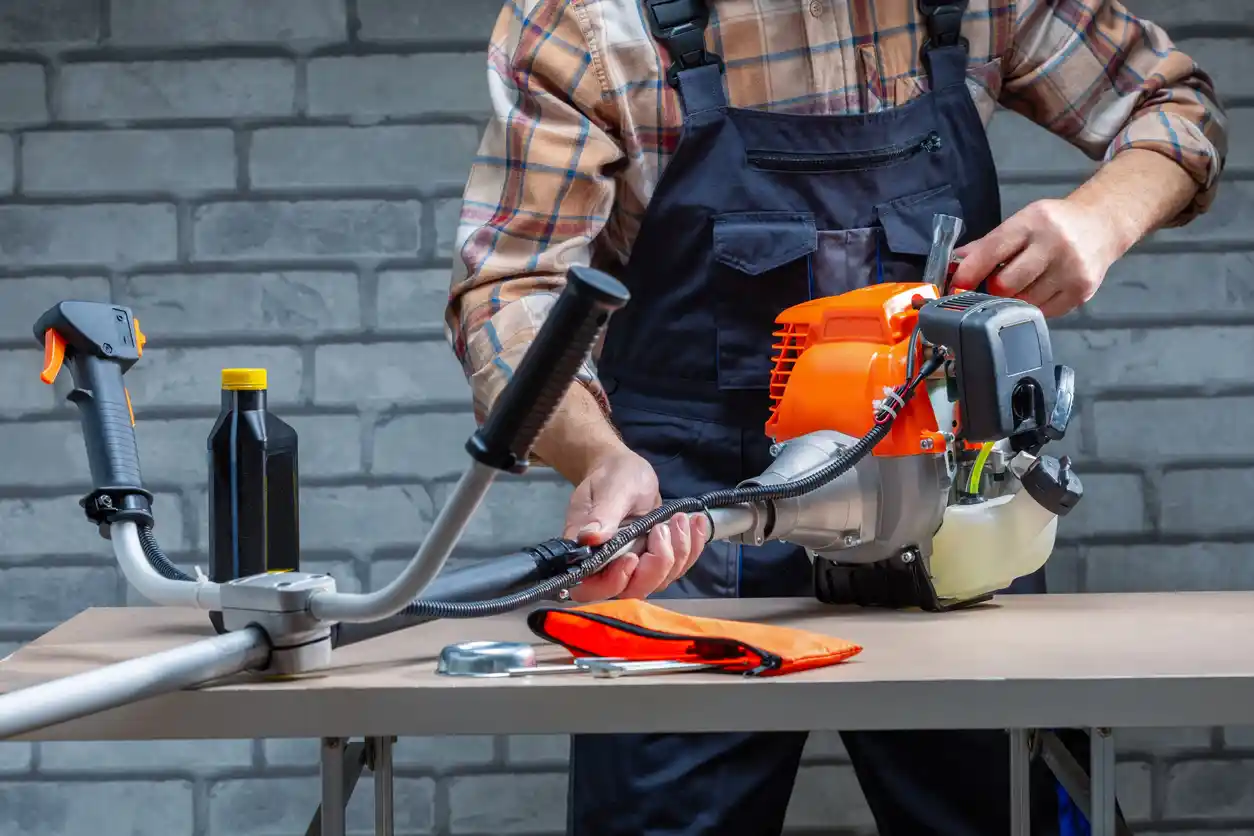 Mann på verksted reparerer gressklipper